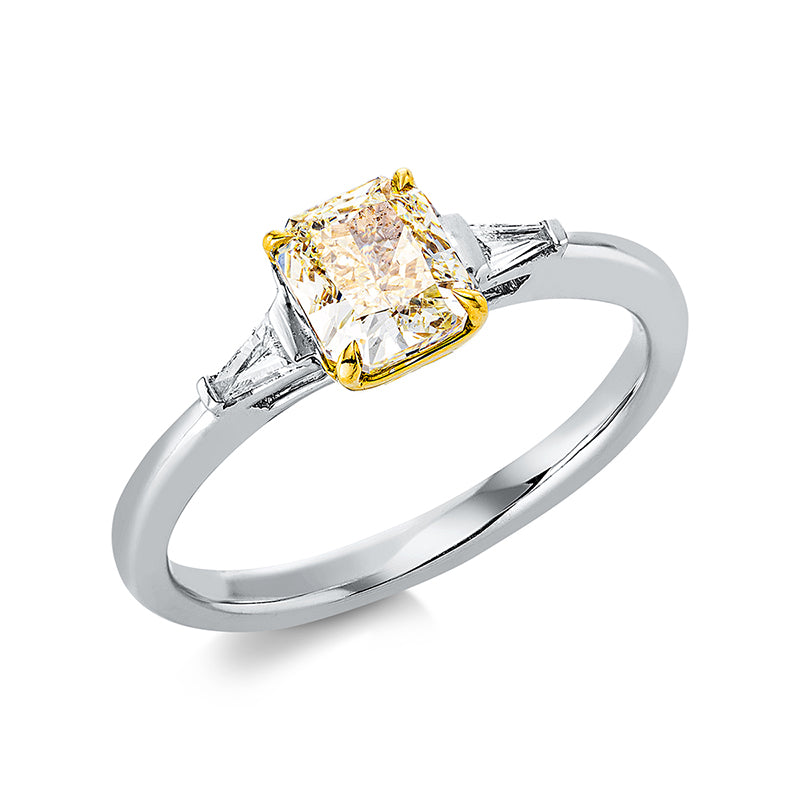 Ring 18 kt WG+GG, GIA16360862, 1 Radiant 1,01 ct, gelb-si, 2 Trap. 0,07 ct, TW-vsi/si