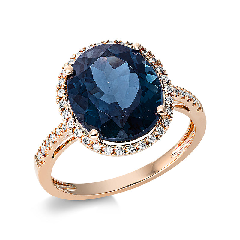 Ring 18 kt RG, 42 Brill. 0,19 ct, TW-si, 1 Topas 6,30 ct Lond. blue