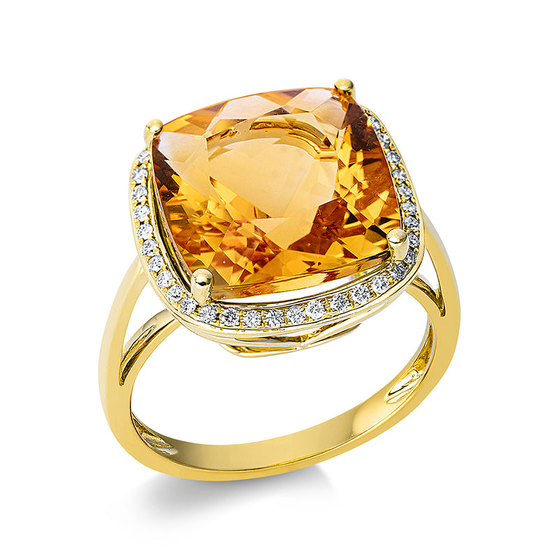 Ring 18 kt GG, 40 Brill. 0,17 ct, TW-si, 1 Citrin 7,40 ct gelb