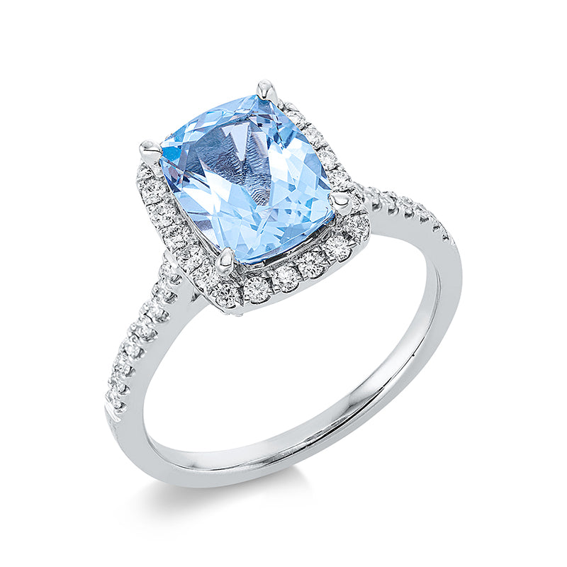 Ring 18 kt WG, 18 Brill. 0,16 ct, TW-si, 32 Brill. 0,20 ct, TW-si, 1 Topas 2,48 ct sky blue