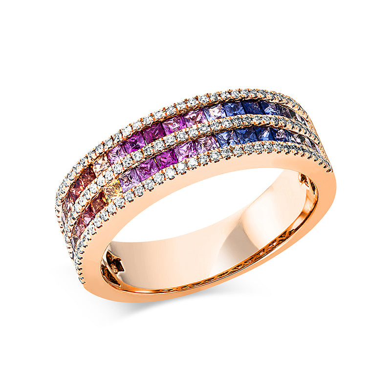 Ring 18 kt RG, 111 Brill. 0,19 ct, TW-si, 40 Saphire 1,07 ct fancy