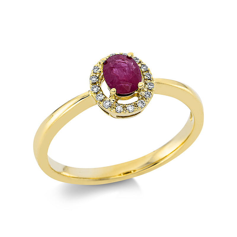 Ring 18 kt GG, 16 Brill. 0,04 ct, TW-pi, 1 Rubin 0,40 ct rot
