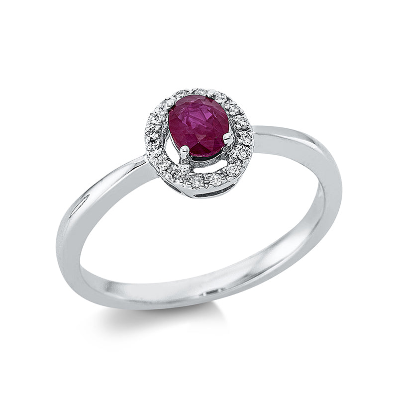 Ring 18 kt WG, 16 Brill. 0,04 ct, TW-pi, 1 Rubin 0,43 ct rot