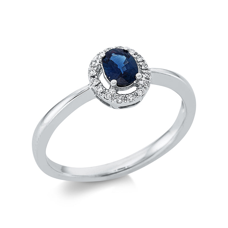 Ring 18 kt WG, 16 Brill. 0,05 ct, TW-pi, 1 Saphir 0,37 ct blau