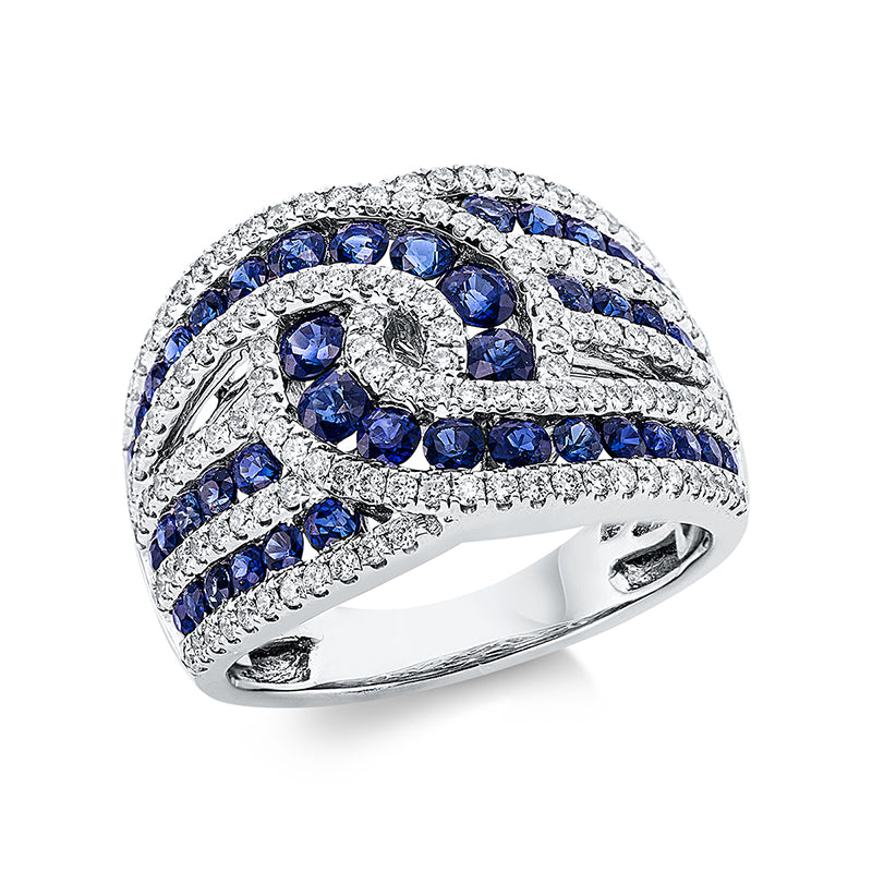 Ring 18 kt WG, 138 Brill. 0,79 ct, TW-si, 8 Saphire 0,27 ct blau, 36 Saphire 1,63 ct blau