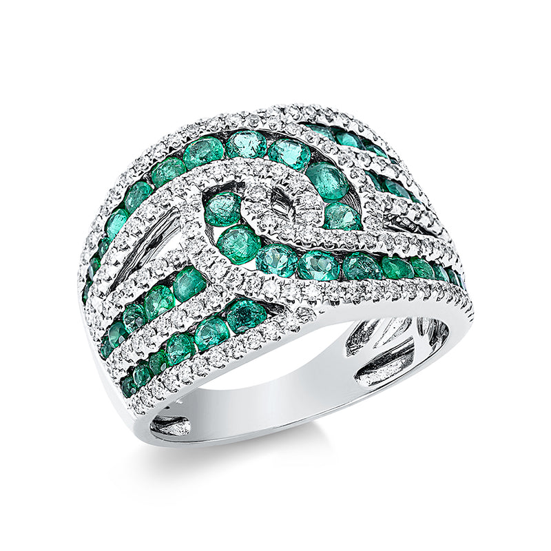 Ring 18 kt WG, 138 Brill. 0,57 ct, TW-si, 44 Smaragde 1,50 ct grün