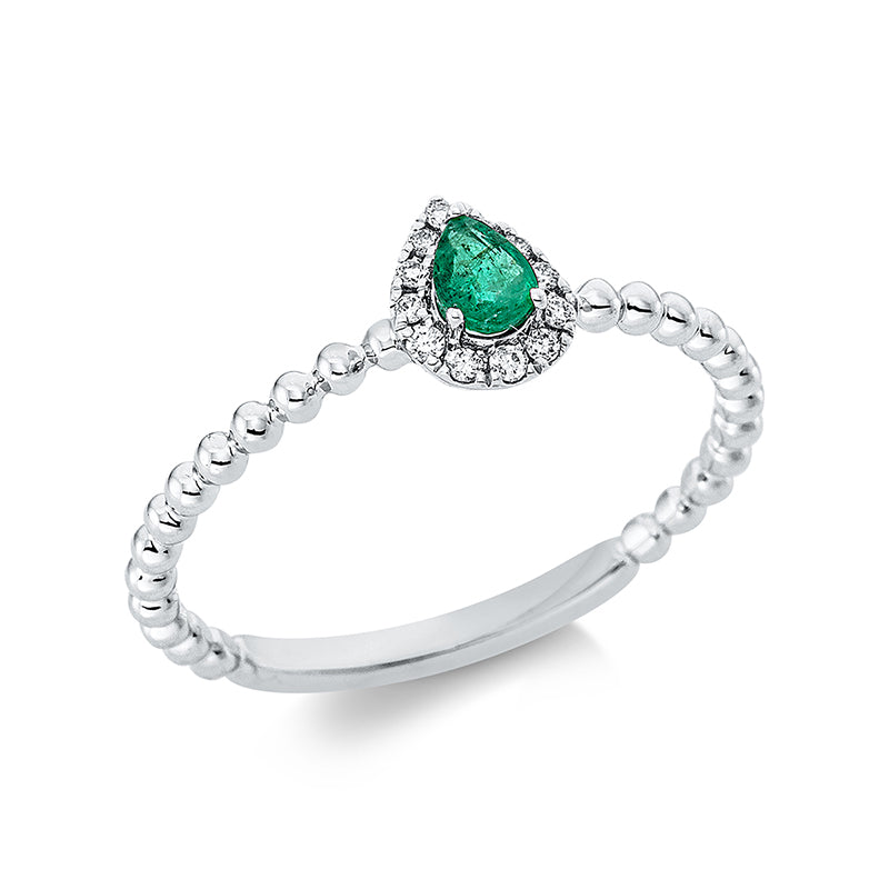 Ring 18 kt WG, 12 Brill. 0,05 ct, TW-pi, 1 Smaragd 0,14 ct grün