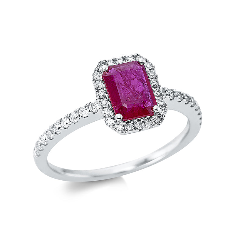 Ring 18 kt WG, 40 Brill. 0,31 ct, TW-si, 1 Rubin 1,43 ct rot
