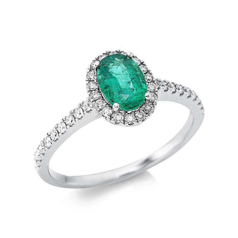Ring 18 kt WG, 36 Brill. 0,30 ct, TW-si, 1 Smaragd 0,62 ct grün