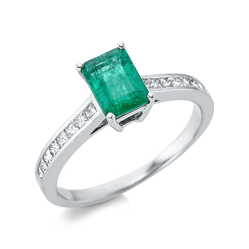 Ring 18 kt WG, 16 Princ. 0,32 ct, TW-si, 1 Smaragd 1,00 ct grün