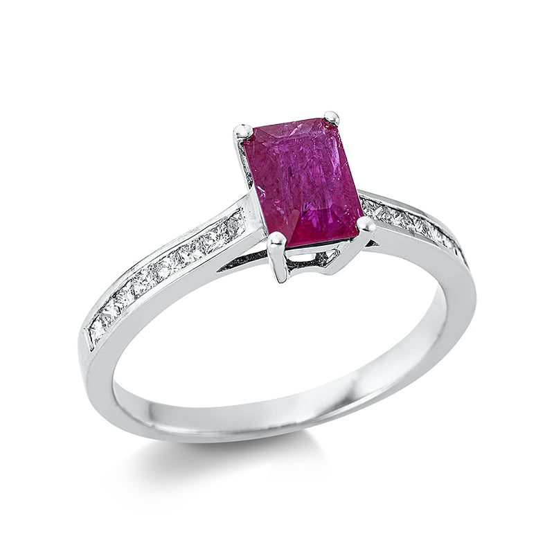 Ring 18 kt WG, 16 Princ. 0,33 ct, TW-si, 1 Rubin 1,02 ct rot