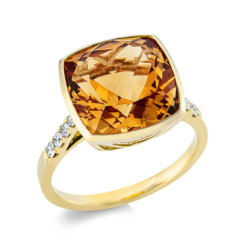 Ring 18 kt GG, 8 Brill. 0,17 ct, TW-si, 1 Citrin 6,30 ct gelb