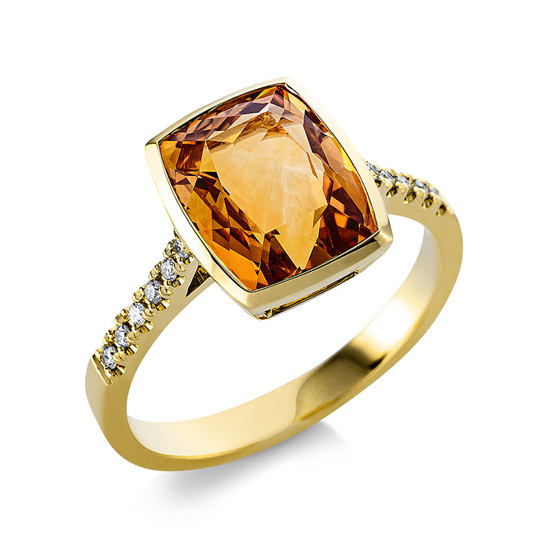 Ring 18 kt GG, 12 Brill. 0,08 ct, TW-si, 1 Citrin 3,00 ct gelb