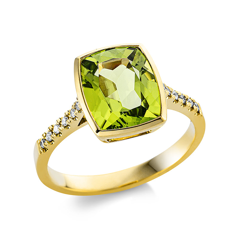 Ring 18 kt GG, 12 Brill. 0,08 ct, TW-si, 1 Peridot 3,00 ct grün
