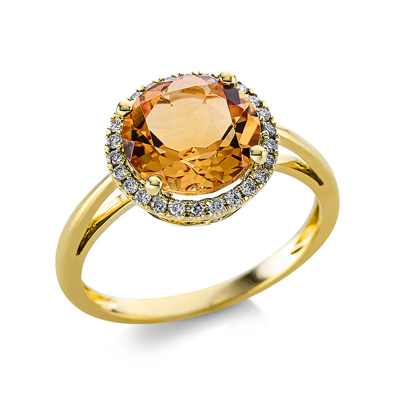 Ring 18 kt GG, 26 Brill. 0,14 ct, TW-si, 1 Citrin 2,40 ct gelb