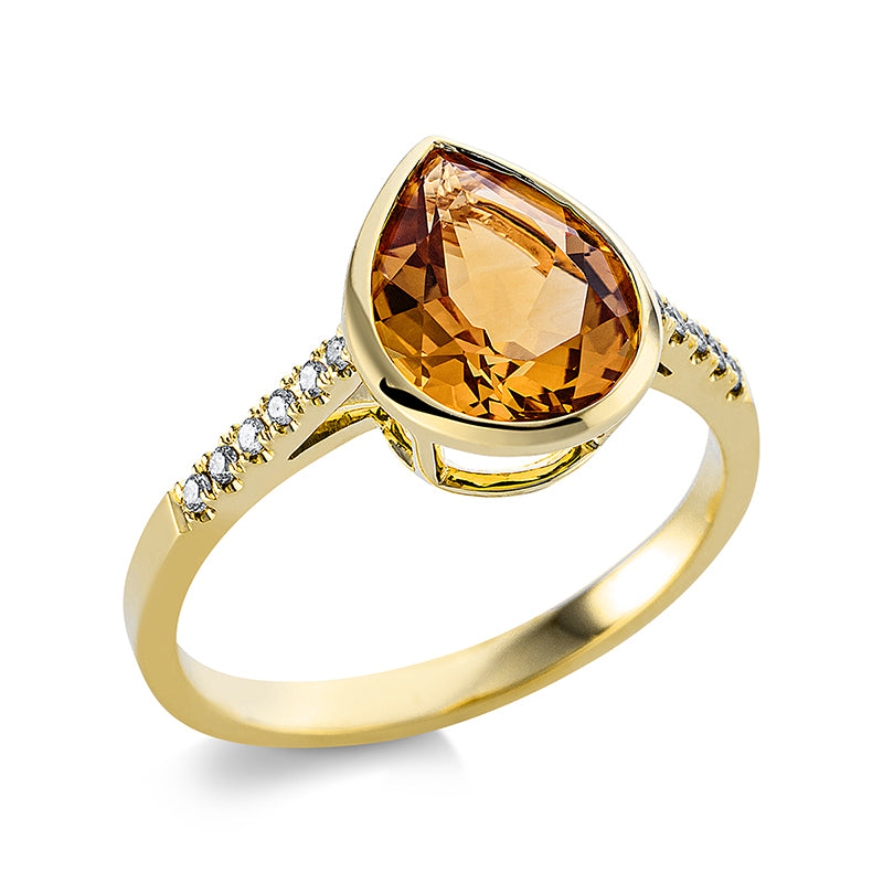 Ring 18 kt GG, 12 Brill. 0,08 ct, TW-si, 1 Citrin 2,30 ct gelb