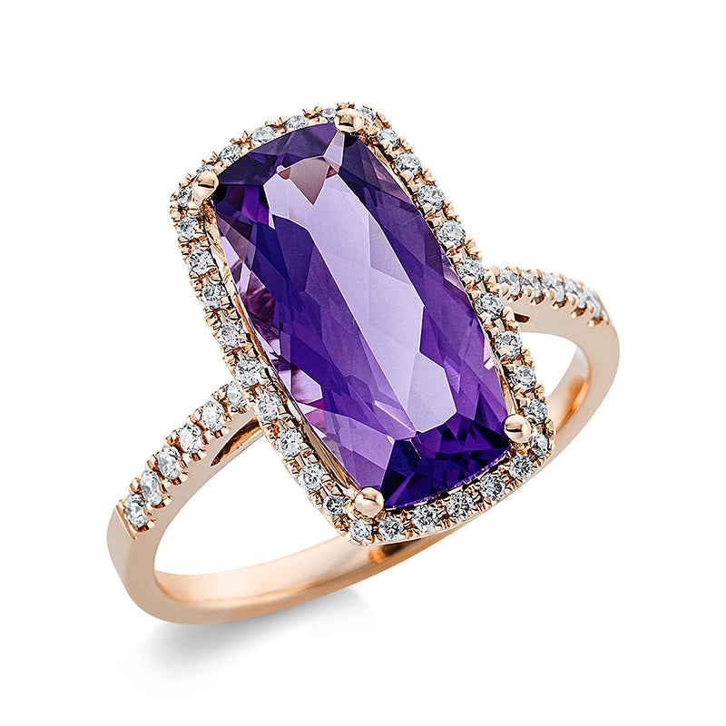 Ring 18 kt RG, 44 Brill. 0,21 ct, TW-si, 1 Amethyst 3,90 ct lila