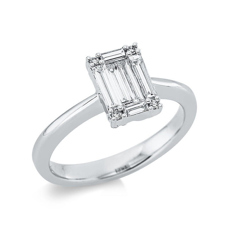 Ring 18 kt WG, 2 Bag. 0,06 ct, E-vsi, 2 Bag. 0,26 ct, E-vsi, 4 Brill. 0,03 ct, TW-si