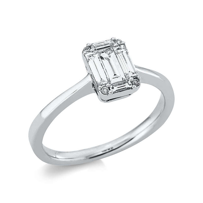 Ring 18 kt WG, 2 Bag. 0,07 ct, E-vsi, 3 Bag. 0,37 ct, E-vsi, 4 Brill. 0,02 ct, TW-si