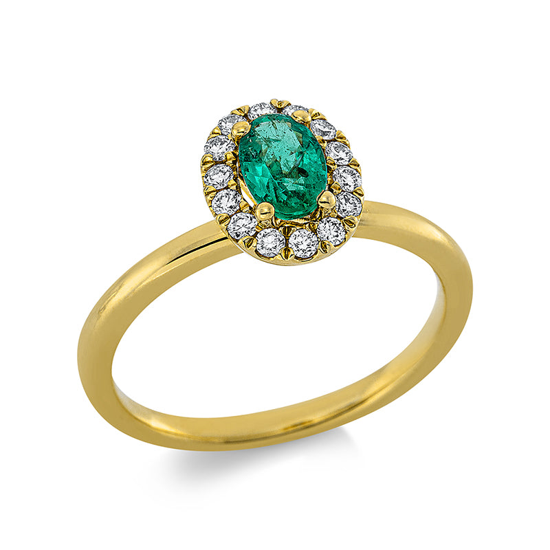 Ring 18 kt GG, 14 Brill. 0,19 ct, TW-si, 1 Smaragd 0,49 ct grün