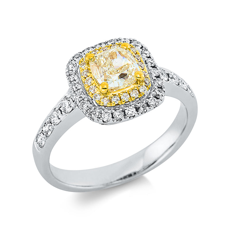 Ring 18 kt WG+GG, 30 Brill. 0,43 ct, TW-si, 1 Cushion 1,01 ct, gelb, 20 Brill. 0,09 ct, gelb