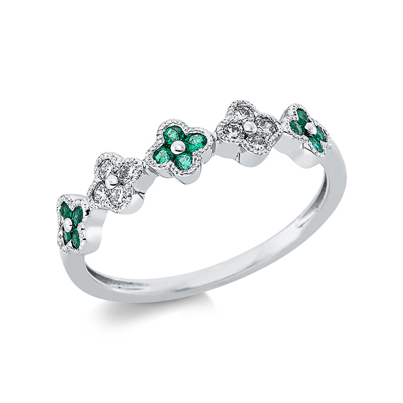 Ring 18 kt WG, 8 Brill. 0,13 ct, TW-si, 12 Smaragde 0,13 ct grün