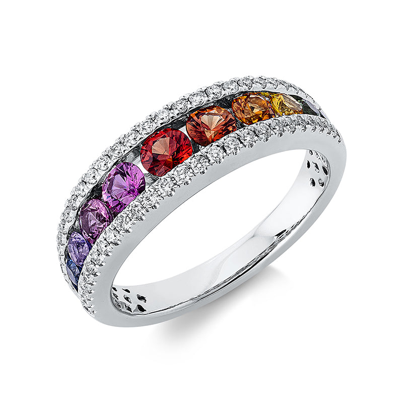 Ring 18 kt WG, 54 Brill. 0,26 ct, TW-si, 11 Saphire 1,09 ct multicolor