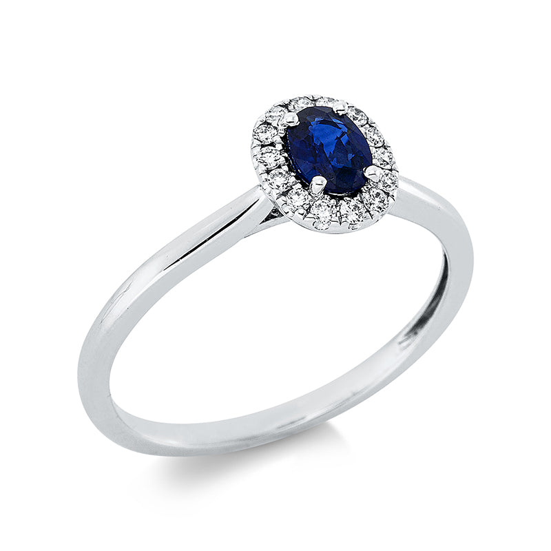 Ring 18 kt WG, 14 Brill. 0,10 ct, TW-si, 1 Saphir 0,40 ct blau