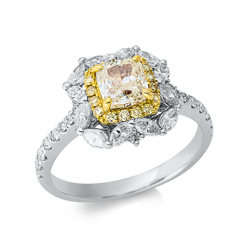 Ring 18 kt WG+GG, 12 Nav. 0,63 ct, TW-si, 1 Cushion 1,02 ct, gelb-si, 18 Brill. 0,24 ct, TW-si, 16 Brill. 0,11 ct, gelb