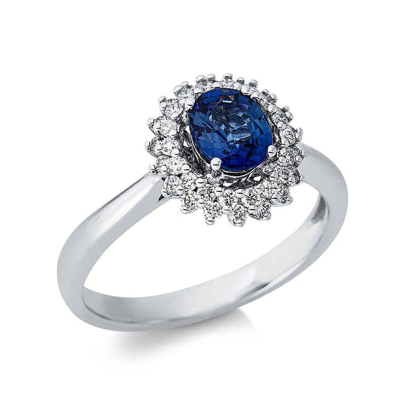 Ring 18 kt WG, 36 Brill. 0,28 ct, W-pi, 1 Saphir 0,83 ct blau