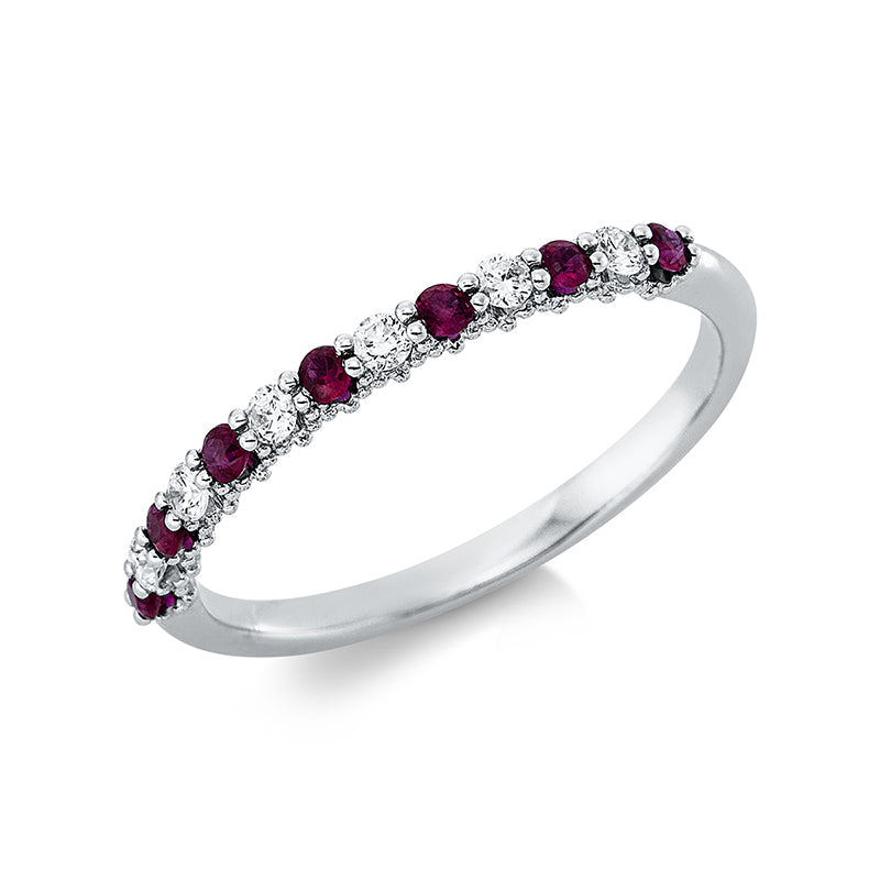 Ring 18 kt WG, 6 Brill. 0,13 ct, TW-si, 7 Rubine 0,18 ct rot