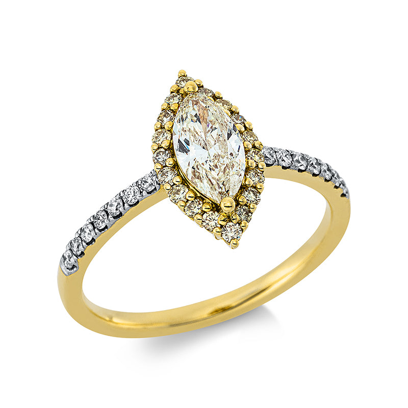 ABVERKAUF,Ring 18 kt GG,Fassung rhodiniert,14 Brill.0,12ct,H-pi,1 Nav.0,58ct, gelb,18 Brill.0,16ct, gelb