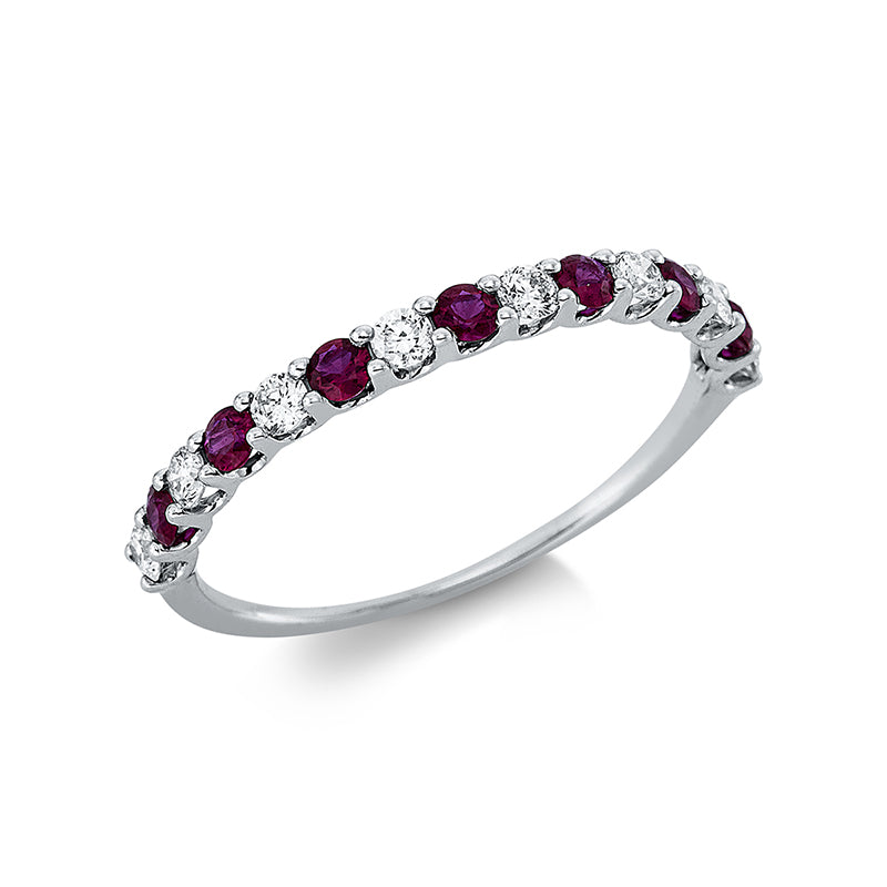 Ring 18 kt WG, 8 Brill. 0,24 ct, W-pi, 7 Rubine 0,30 ct rot