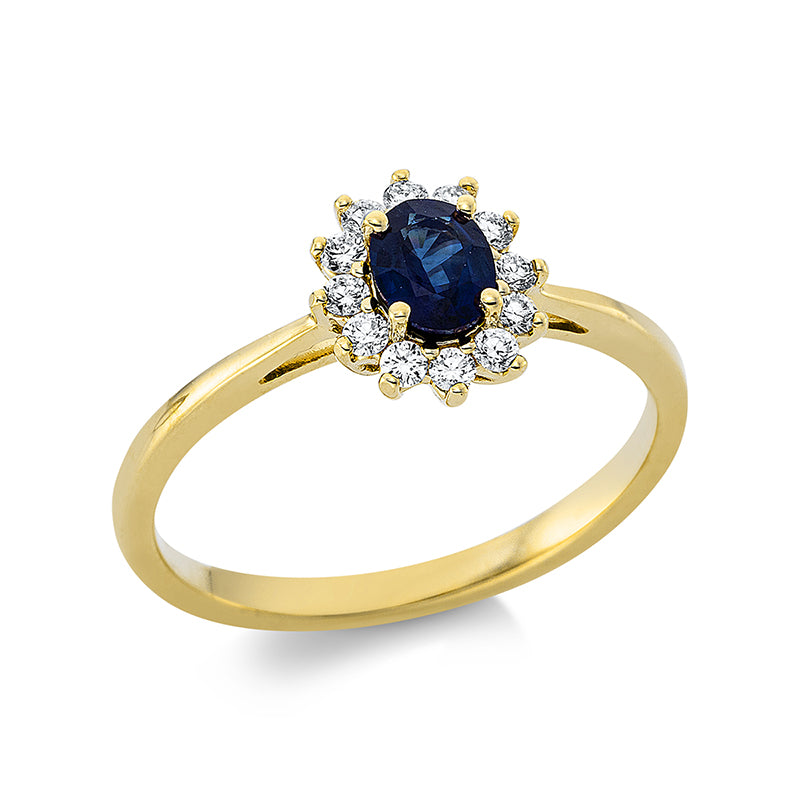Ring 18 kt GG, 12 Brill. 0,17 ct, TW-si, 1 Saphir 0,45 ct blau