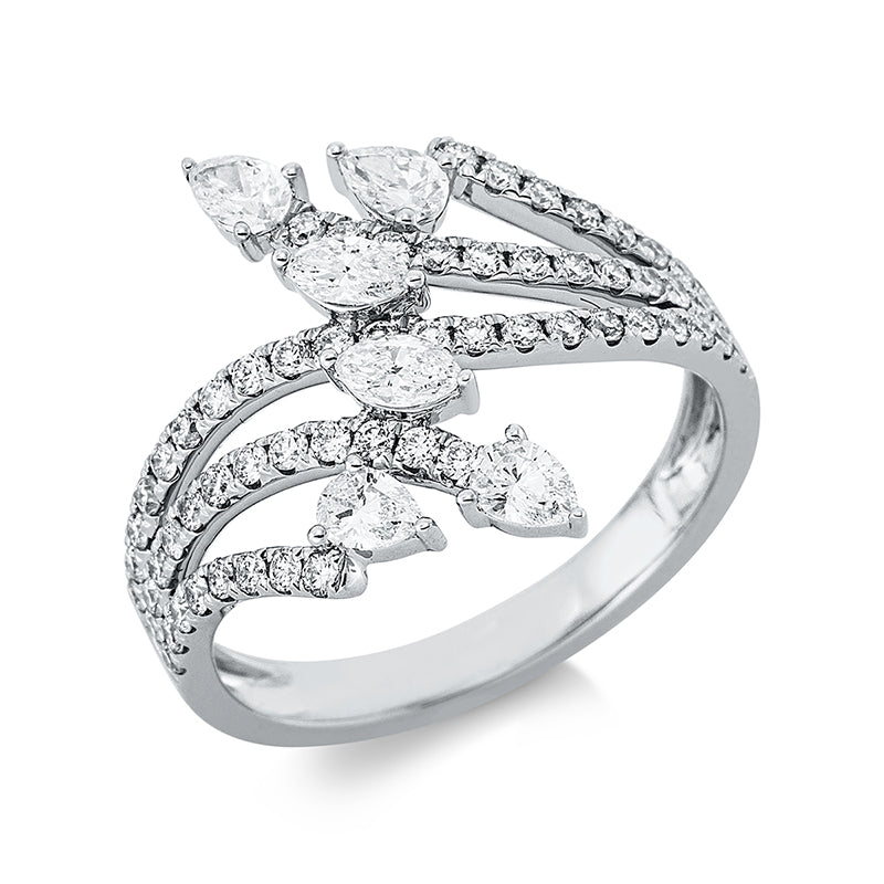 Ring 18 kt WG, 55 Brill. 0,46 ct, TW-si, 2 Nav. 0,18 ct, TW-si, 4 Tropfen 0,38 ct, TW-si, 6 Brill. 0,04 ct, TW-si