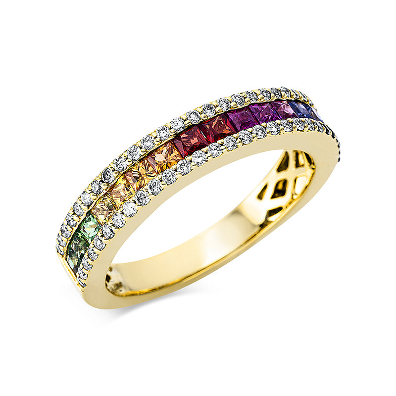 Ring 18 kt GG, 56 Brill. 0,30 ct, W-si, 17 Saphire 1,01 ct fancy