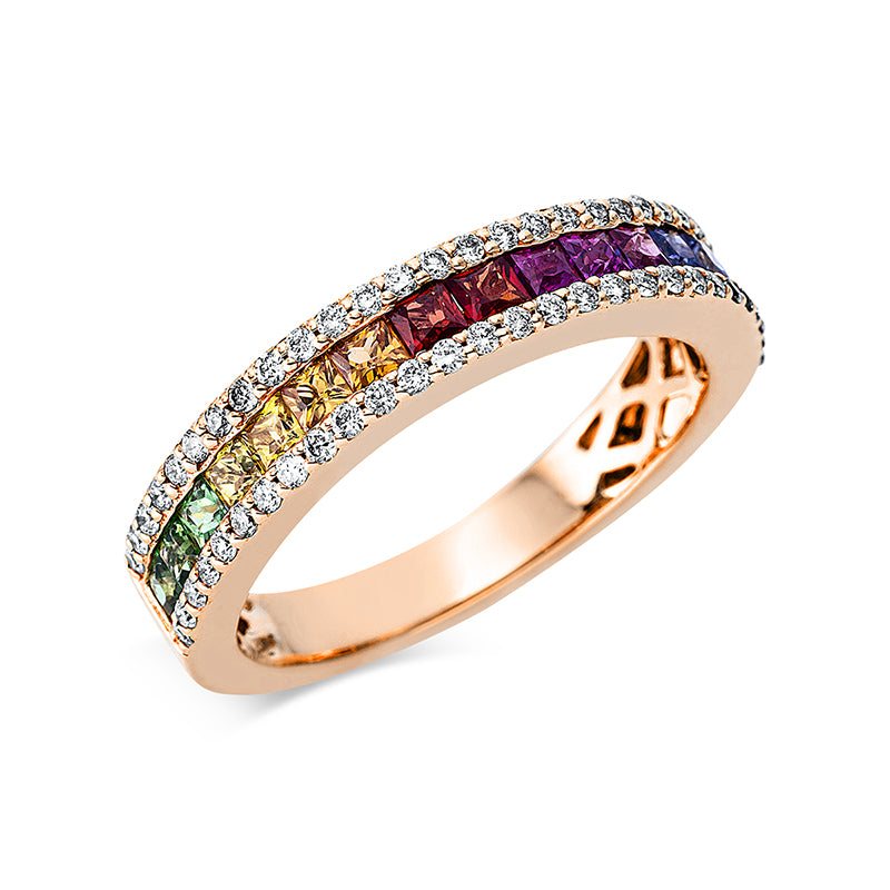 Ring 18 kt RG, 56 Brill. 0,30 ct, W-si, 17 Saphire 0,84 ct fancy