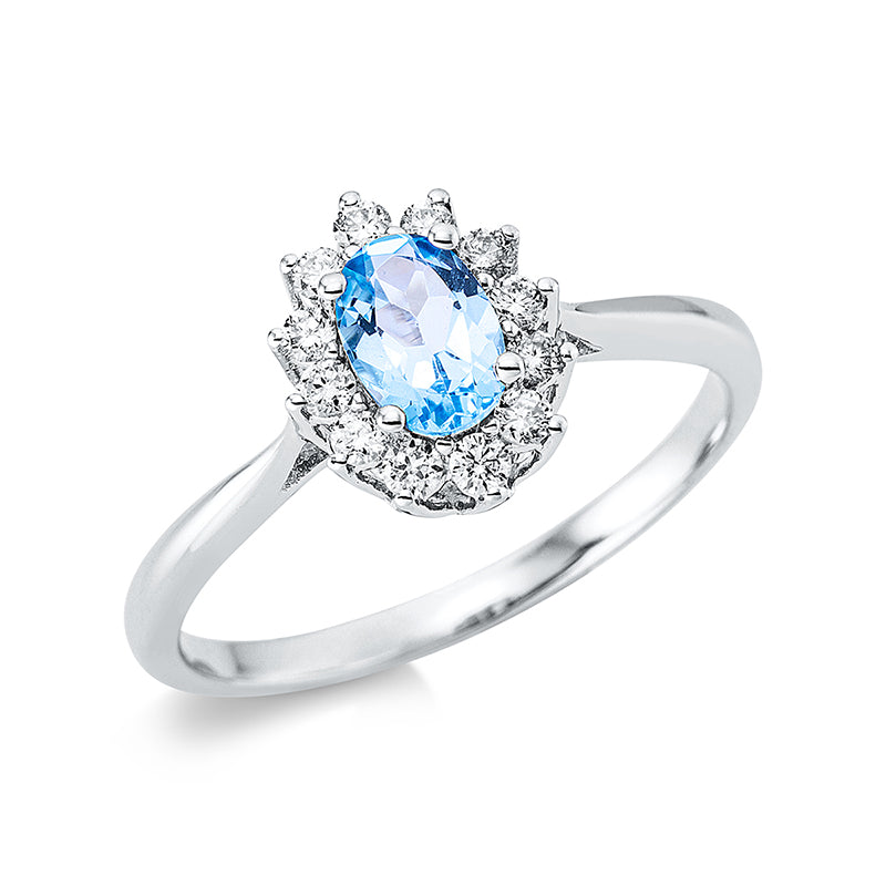 Ring 18 kt WG, 6 Brill. 0,11 ct, TW-si, 6 Brill. 0,09 ct, TW-si, 1 Topas 0,55 ct blau