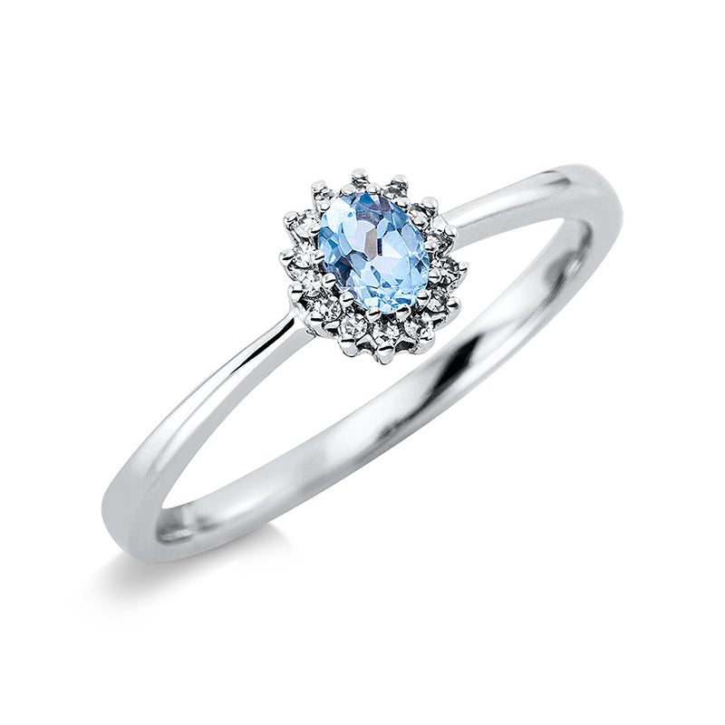 Ring 18 kt WG, 14 Dia. 0,05 ct, TW-si, 1 Topas 0,21 ct blau