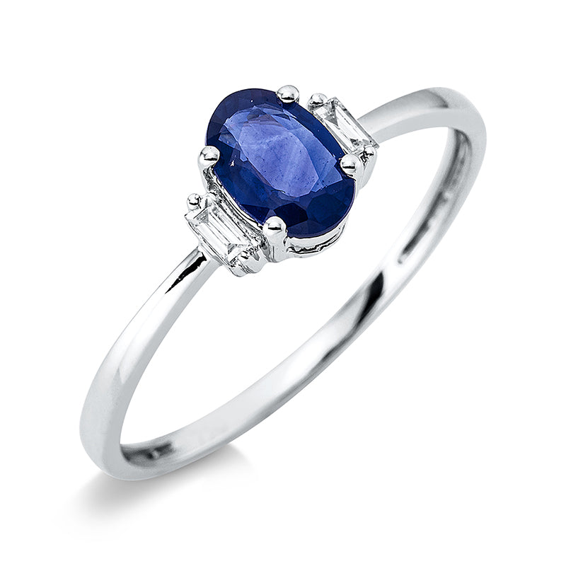 Ring 18 kt WG, 2 Bag. 0,05 ct, TW-si, 1 Saphir 0,55 ct blau