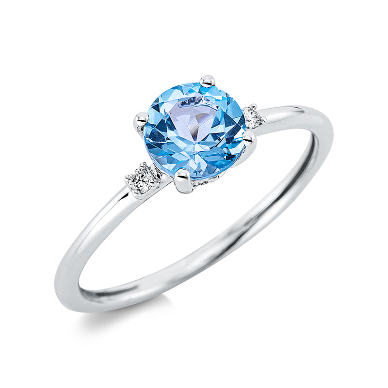 Ring 18 kt WG, 2 Brill. 0,03 ct, TW-si, 1 Topas 0,75 ct blau