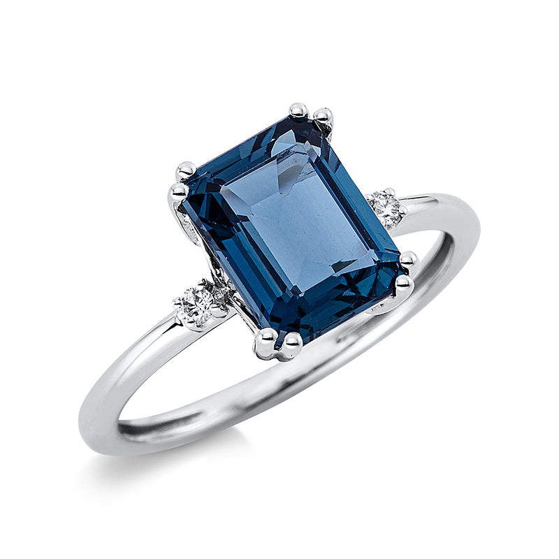 Ring 18 kt WG, 2 Brill. 0,04 ct, TW-si, 1 Topas 3,00 ct Lond. blue