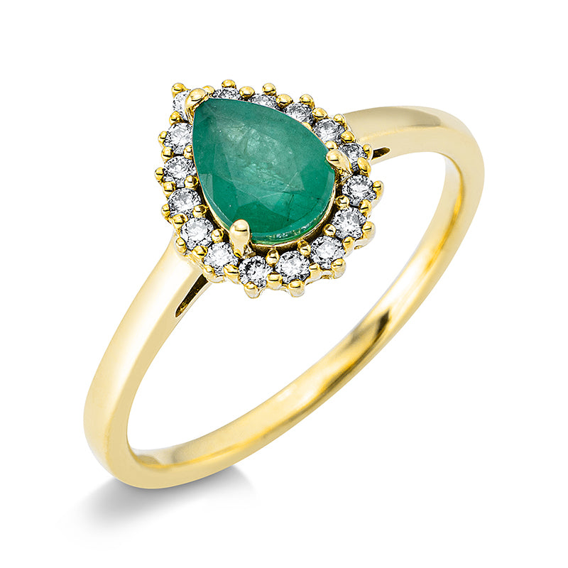 Ring 18 kt GG, 16 Brill. 0,16 ct, TW-si, 1 Smaragd 0,55 ct grün