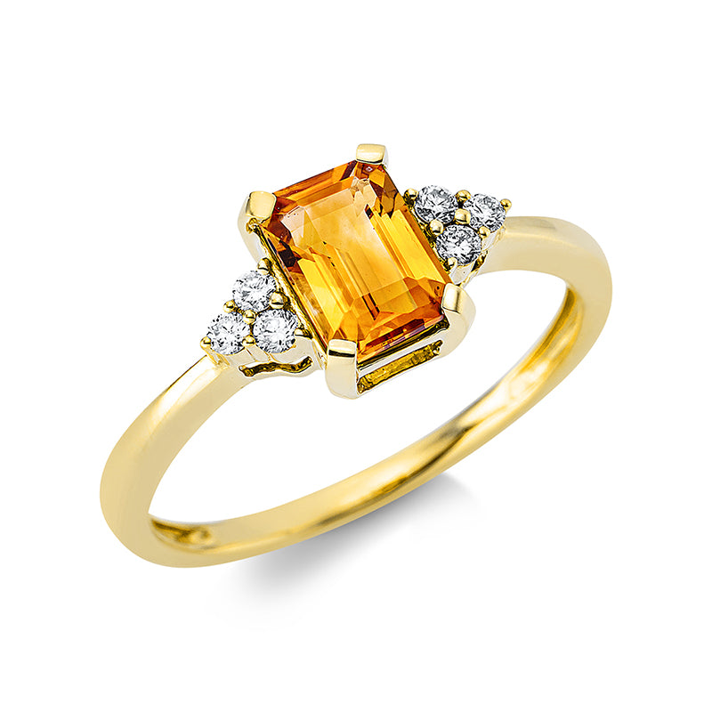 Ring 18 kt GG, 6 Brill. 0,09 ct, TW-si, 1 Citrin 0,90 ct gelb