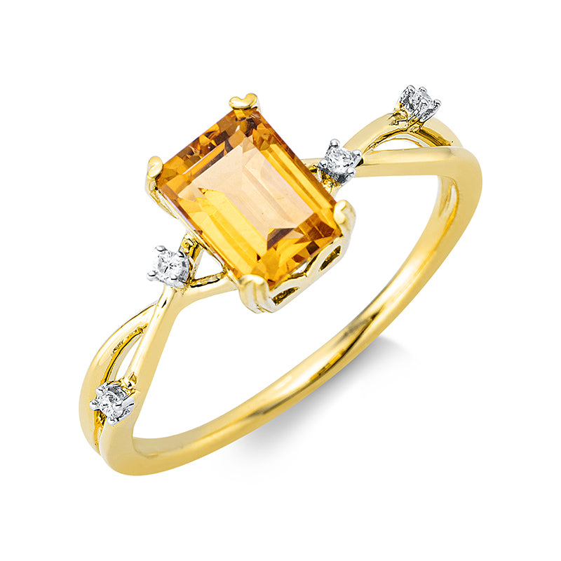 Ring 18 kt GG, 4 Brill. 0,03 ct, TW-si, 1 Citrin 0,90 ct gelb