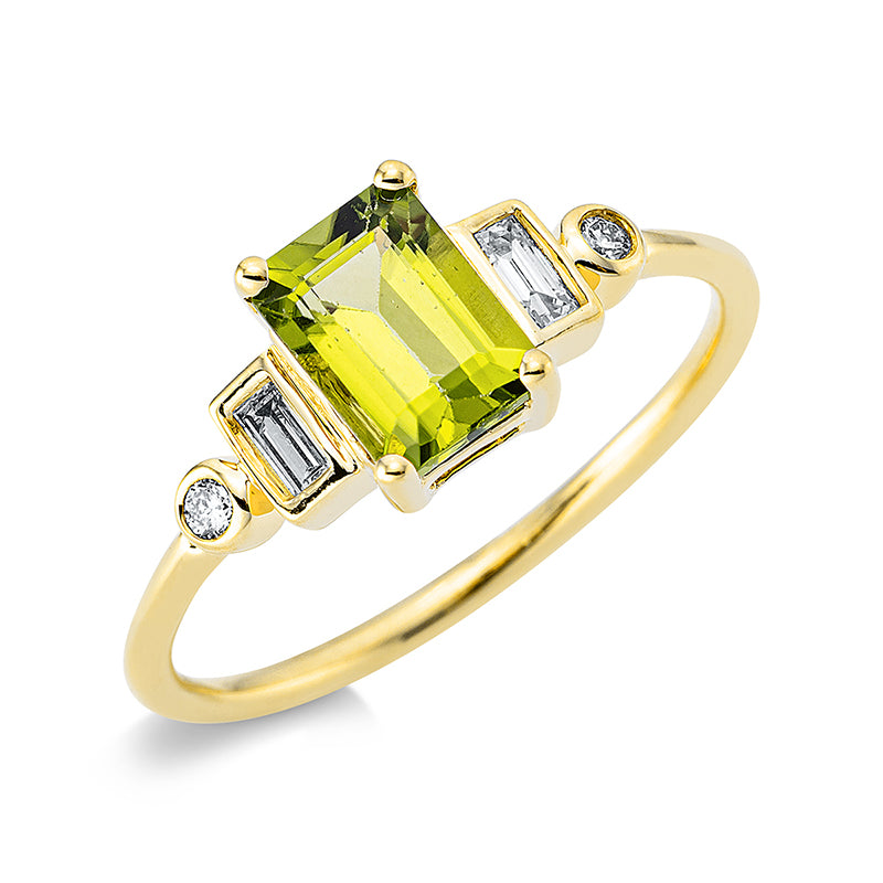 Ring 18 kt GG, 2 Bag. 0,09 ct, TW-si, 2 Brill. 0,03 ct, TW-si, 1 Peridot 1,15 ct grün
