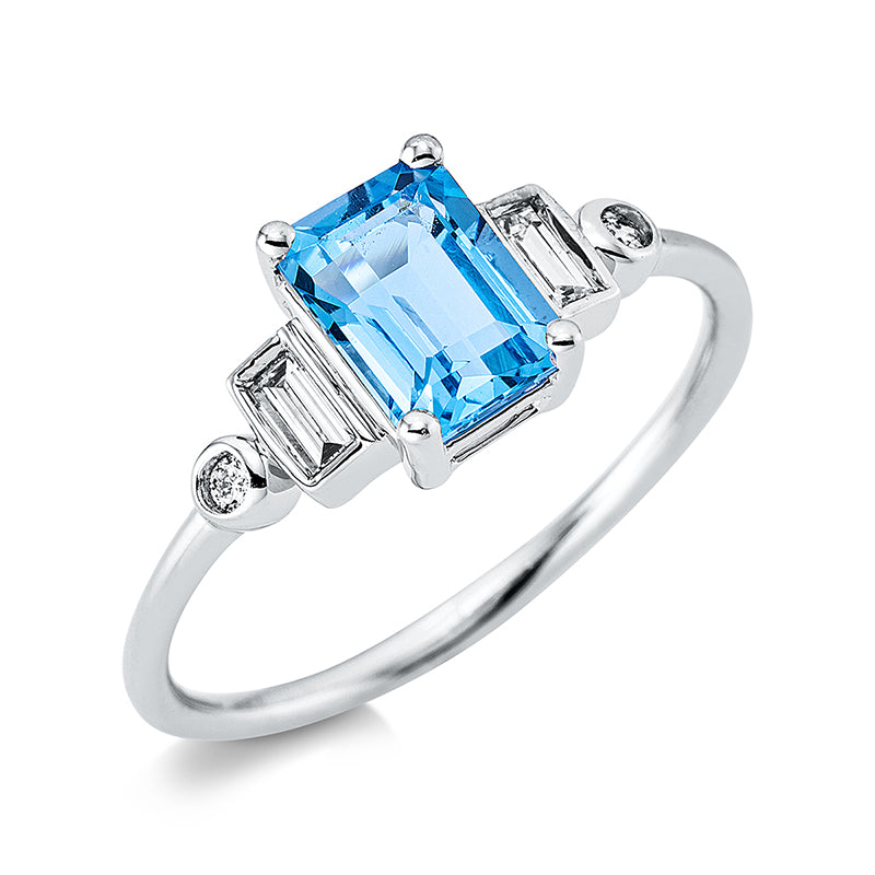 Ring 18 kt WG, 2 Bag. 0,09 ct, TW-si, 2 Brill. 0,03 ct, TW-si, 1 Topas 1,15 ct blau