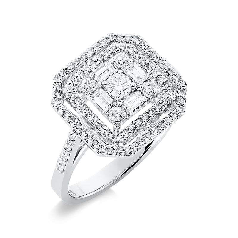 Ring 18 kt WG, 1 Brill. 0,09 ct, F-si, 4 Bag. 0,14 ct, F-si, 94 Brill. 0,38 ct, F-si