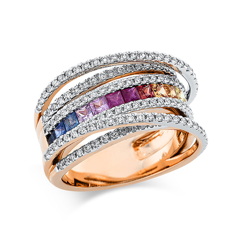 Ring 18 kt RG, Fassung rhodiniert, 152 Brill. 0,75 ct, TW-si, 14 Saphire 1,16 ct fancy