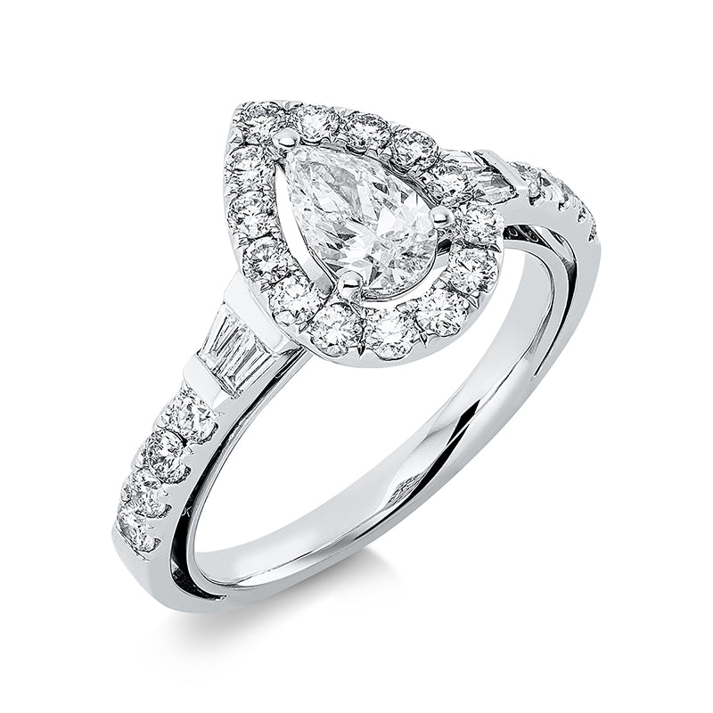 Ring 18 kt WG, 4 Bag. 0,13 ct, TW-si, 1 Tropfen 0,53 ct, TW-si, 22 Brill. 0,63 ct, TW-si